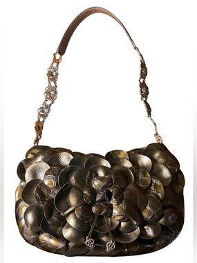 Brighton Rosalie Pewter Flower Leather Handbag Silver Chain Strap
